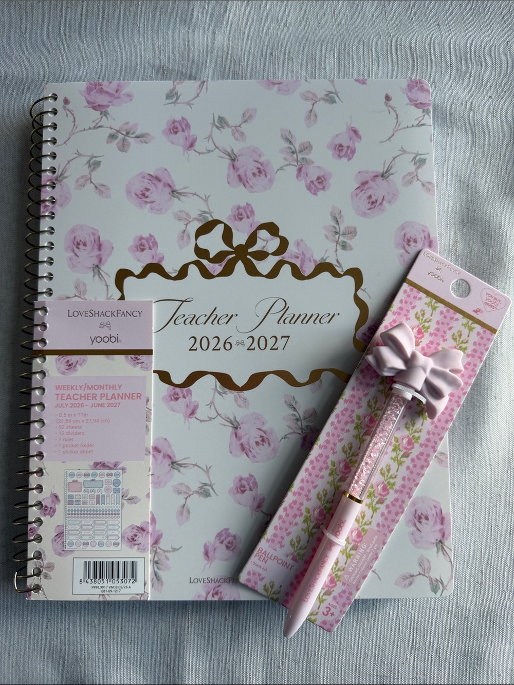 LoveShackFancy Pink Floral Teacher Planner with Bow Pen